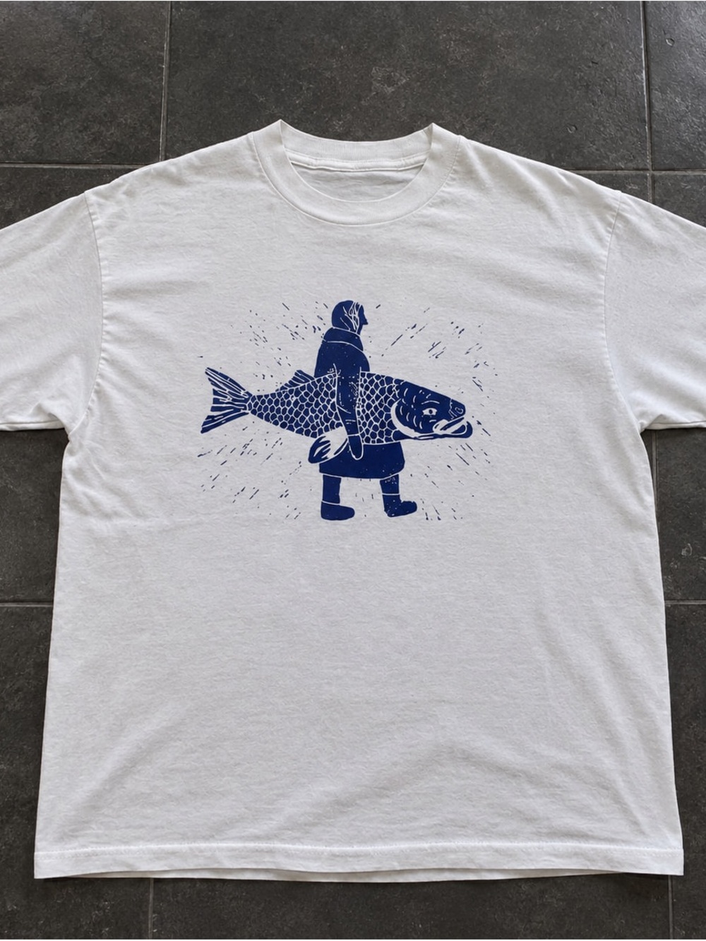 White Pet Fish Gildan Graphic T‑Shirt with Blue Fish